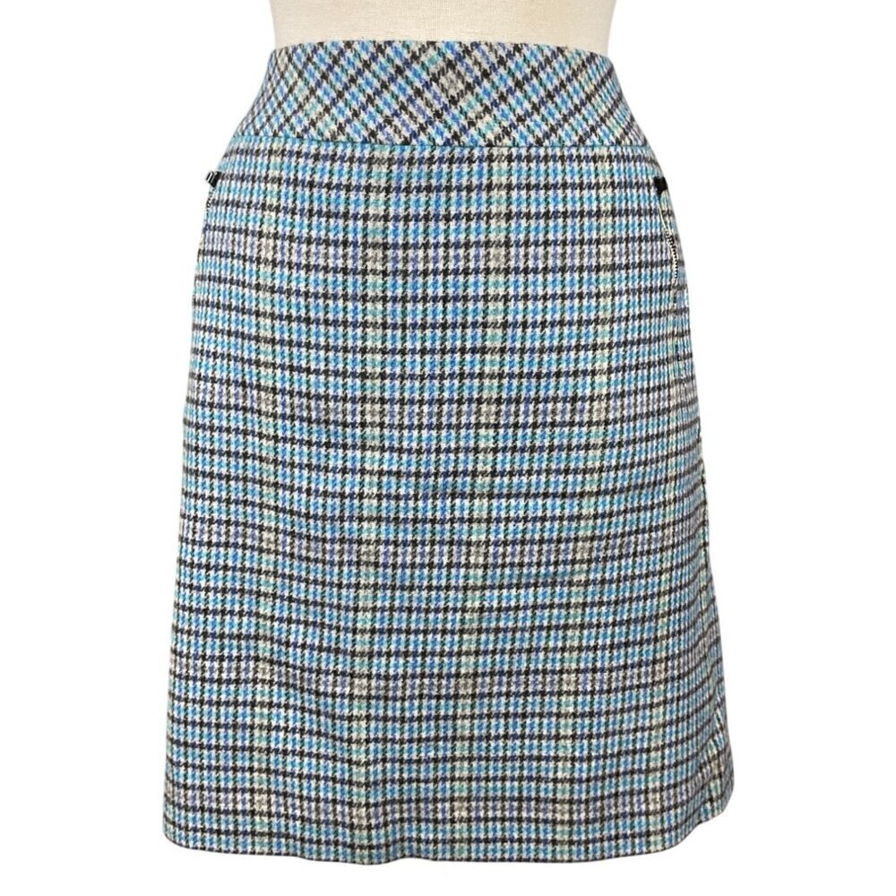 Talbots Women Blue Houndstooth Pattern Wool Blend Lined VTG Pencil Skirt 12W